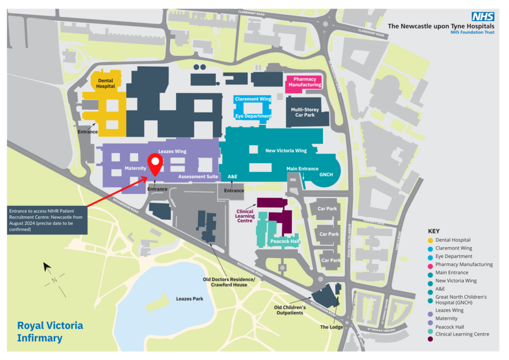 Map of the RVI site showing the best entrance to access the new Patient Recruitment Centre site. It can be accessed from Richardson Road opposite Leazes Car Park.