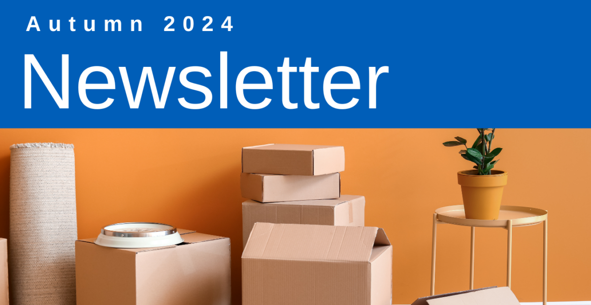 Text: autumn 2024 newsletter with an image of cardboard moving boxes.