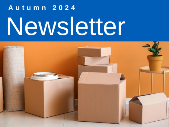 Text: autumn 2024 newsletter with an image of cardboard moving boxes.